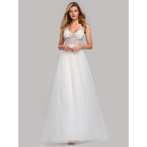 

A-Line Elegant Formal Evening Dress Plunging Neck Sleeveless Floor Length Lace Tulle with Pleats 2021
