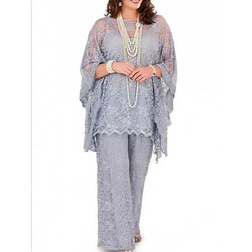 

Pantsuit / Jumpsuit Mother of the Bride Dress Plus Size Jewel Neck Floor Length Chiffon Long Sleeve with Lace 2021