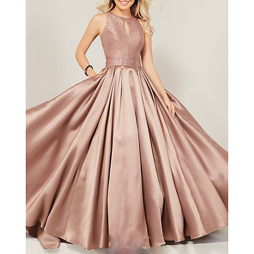 

A-Line Open Back Prom Formal Evening Dress Jewel Neck Sleeveless Floor Length Satin with 2021