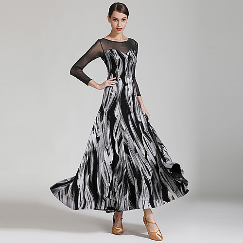 

Ballroom Dance Dress Pattern / Print Split Joint Women's Performance Long Sleeve High Elastane Tulle