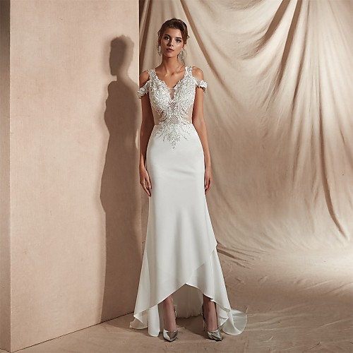 

Mermaid / Trumpet Wedding Dresses V Neck Asymmetrical Matte Satin Short Sleeve Casual Sexy Illusion Detail Modern with Appliques 2021