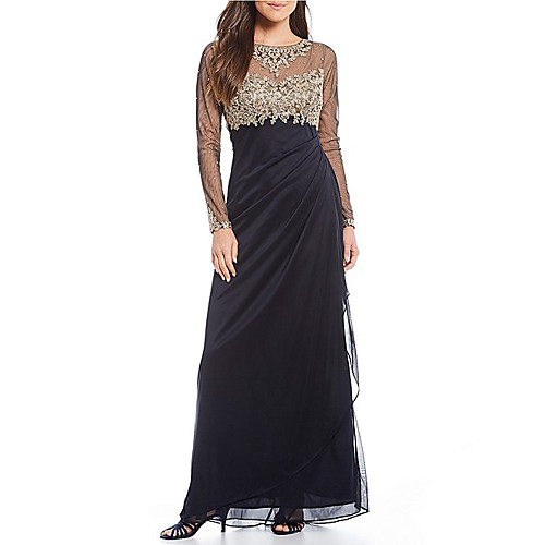 

Sheath / Column Elegant Formal Evening Dress Jewel Neck Long Sleeve Floor Length 30D Chiffon with Ruched Appliques 2021