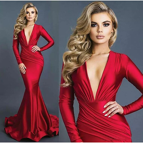 

Mermaid / Trumpet Sexy Red Engagement Formal Evening Dress V Neck Long Sleeve Sweep / Brush Train Stretch Satin with Draping 2020