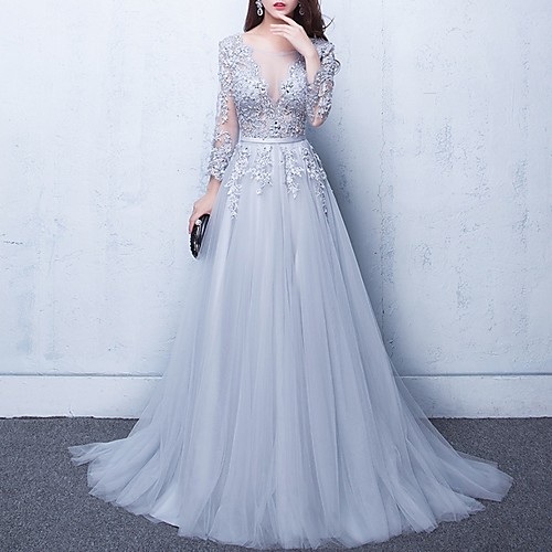 

A-Line Luxurious Floral Engagement Formal Evening Dress Illusion Neck Half Sleeve Chapel Train Tulle with Beading Appliques 2021