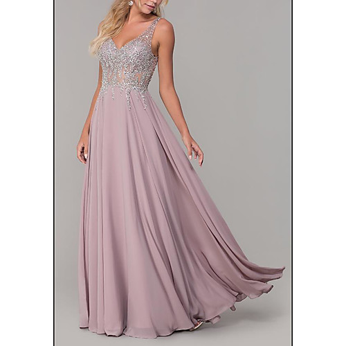 

A-Line Empire Pink Prom Formal Evening Dress V Neck Sleeveless Floor Length Chiffon with Pleats Beading 2020