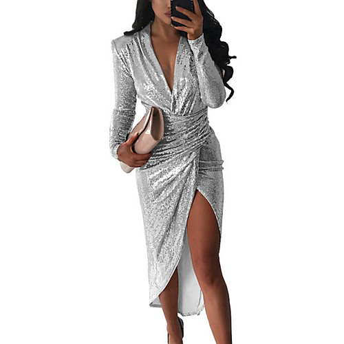 

Women's Asymmetrical Sheath Dress - Long Sleeve Solid Colored Deep V Party Gold Silver S M L