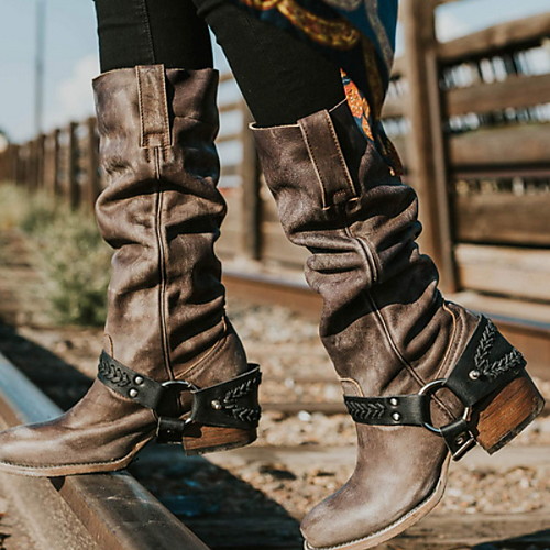 

Women's Boots Cowboy Western Boots Chunky Heel Round Toe Knee High Boots Vintage British Daily PU Buckle Solid Colored Winter Black Brown Beige / Mid-Calf Boots