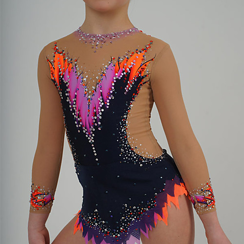 

21Grams Rhythmic Gymnastics Leotards Artistic Gymnastics Leotards Women's Girls' Leotard Black Spandex High Elasticity Handmade Jeweled Diamond Look Long Sleeve Competition Dance Rhythmic Gymnastics