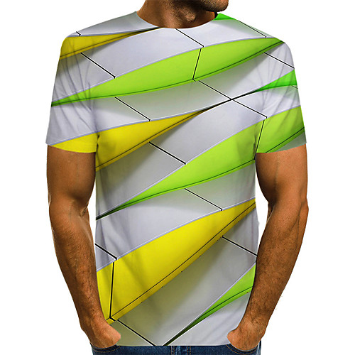 

Men's Plus Size Geometric Graphic Pleated Print T-shirt Street chic Exaggerated Daily Going out Round Neck Rainbow / Short Sleeve