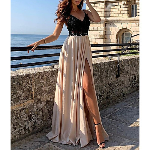

A-Line Color Block Prom Formal Evening Dress Spaghetti Strap Sleeveless Sweep / Brush Train Chiffon with Lace Insert Split Front 2021