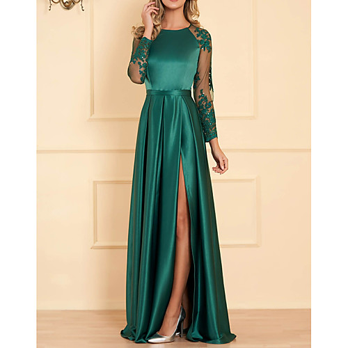 

A-Line Empire Wedding Guest Formal Evening Dress Jewel Neck Long Sleeve Floor Length Satin with Appliques Split Front 2021