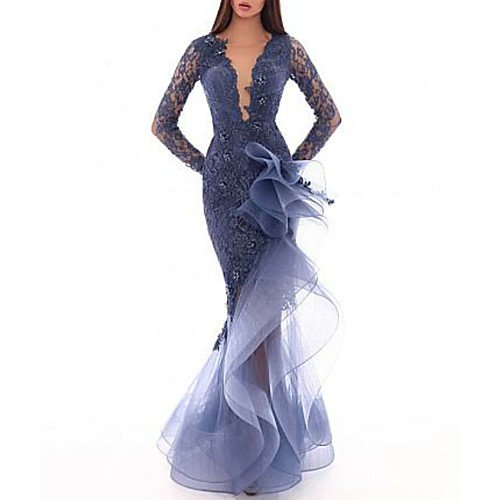 

Sheath / Column Luxurious Blue Party Wear Formal Evening Dress V Neck Long Sleeve Floor Length Lace with Ruffles Lace Insert 2020