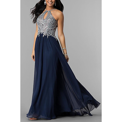 

A-Line Elegant Prom Formal Evening Dress Halter Neck Sleeveless Sweep / Brush Train Chiffon with Lace Insert 2020