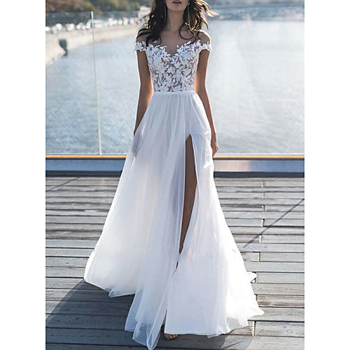 

A-Line Wedding Dresses Off Shoulder Sweep / Brush Train Lace Short Sleeve Beach Boho See-Through Illusion Detail with Appliques Split Front 2021