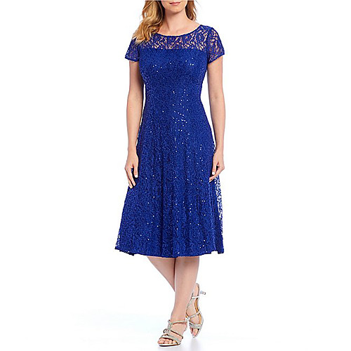 

A-Line Sheath / Column Elegant Holiday Cocktail Party Dress Jewel Neck Short Sleeve Tea Length Lace Satin with Sequin Lace Insert 2021