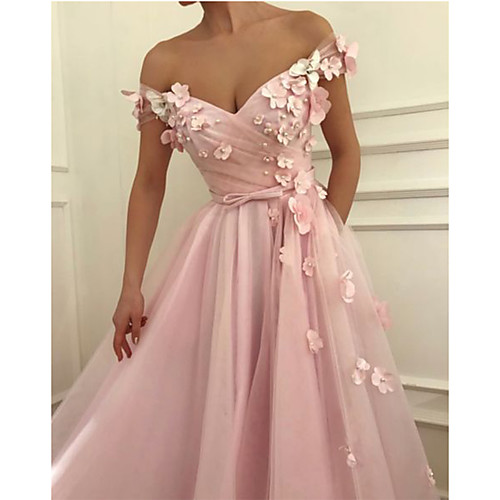 

A-Line Floral Cute Prom Dress Off Shoulder Short Sleeve Floor Length Chiffon with Bow(s) Appliques 2020