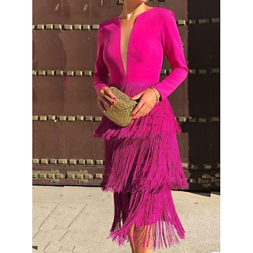 

Sheath / Column Hot Party Wear Cocktail Party Dress Jewel Neck Long Sleeve Tea Length Polyester with Tassel 2021