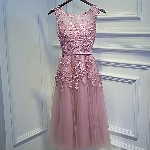 

A-Line Cute Cocktail Party Formal Evening Dress Jewel Neck Sleeveless Short / Mini Lace Tulle with Beading Appliques 2021