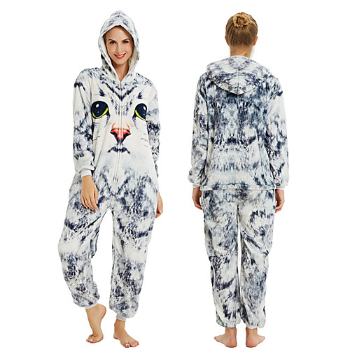 

Teenager Adults' Kigurumi Pajamas Cat Onesie Pajamas Flannelette WhiteGray Cosplay For Men and Women Animal Sleepwear Cartoon Festival / Holiday Costumes