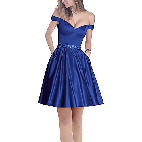 

A-Line Minimalist Holiday Cocktail Party Dress Off Shoulder Short Sleeve Short / Mini Satin with Pleats Beading 2020