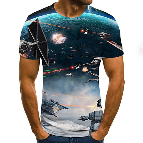 

Men's Graphic Scenery Print Slim T-shirt Daily Round Neck Blue / Summer / Short Sleeve