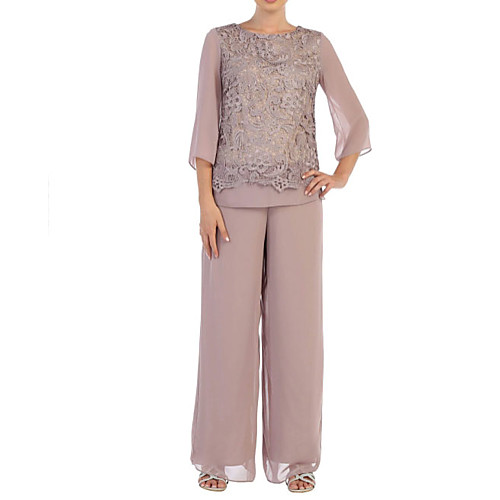 

Pantsuit / Jumpsuit Mother of the Bride Dress Plus Size Jewel Neck Floor Length Chiffon 3/4 Length Sleeve with Lace 2021