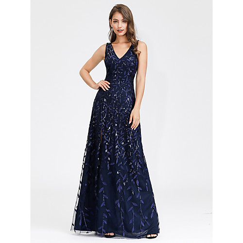 

A-Line Elegant Prom Formal Evening Dress V Neck Sleeveless Floor Length Lace with 2021