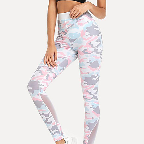 

Women's High Waist Yoga Pants Patchwork Leggings Butt Lift Camo / Camouflage Light Green Mesh Elastane Running Fitness Sports Activewear High Elasticity Skinny