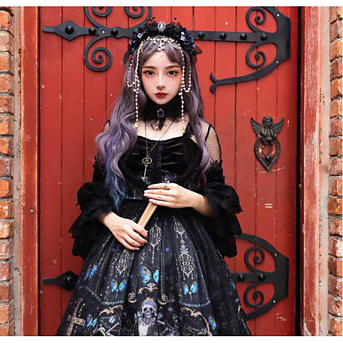 

Glamorous & Dramatic Gothic Lolita Shiro& Kuro Lolita Dress Cosplay Costume Prom Dress Female Japanese Cosplay Costumes Black Cartoon Characters Butterfly Skull Lace Sleeves 3/4 Length Sleeve Knee