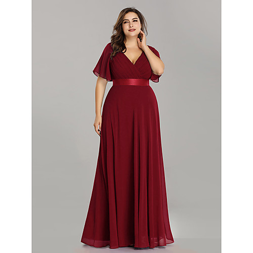 

A-Line Mother of the Bride Dress Elegant Plus Size V Neck Floor Length Chiffon Short Sleeve with Sash / Ribbon Ruching 2020 / Petal Sleeve