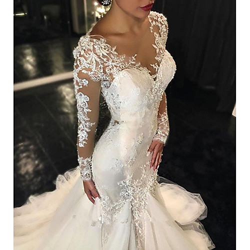 

Mermaid / Trumpet Wedding Dresses V Neck Sweep / Brush Train Tulle Long Sleeve Sexy See-Through Backless Illusion Sleeve with Lace Insert 2021