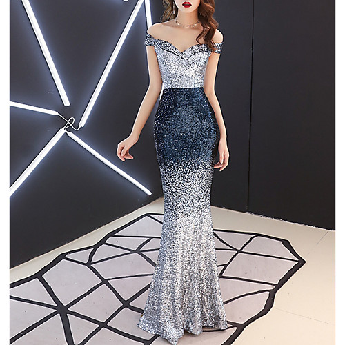 

Mermaid / Trumpet Color Block Engagement Formal Evening Dress Off Shoulder Short Sleeve Floor Length Polyester with Sequin 2021