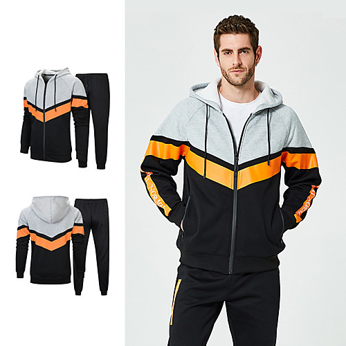 

Men's 2-Piece Patchwork Tracksuit Track Jacket Sweatsuit 2pcs Winter Front Zipper Hooded Running Fitness Jogging Thermal / Warm Windproof Soft Sportswear Plus Size Hoodie Jacket and Pants Long Sleeve