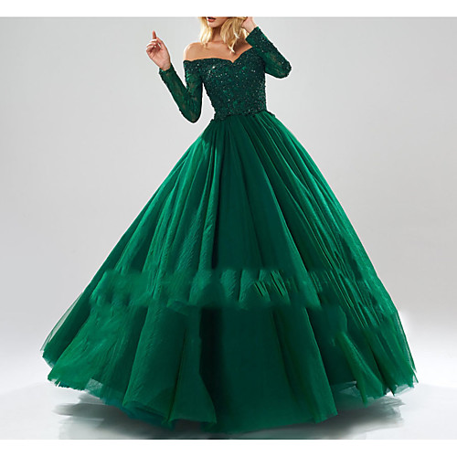 

Ball Gown Sparkle Quinceanera Prom Dress Off Shoulder Long Sleeve Floor Length Tulle with Beading Sequin 2021