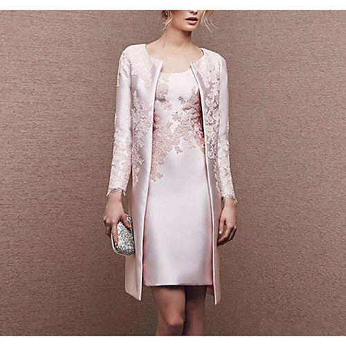 

Sheath / Column Mother of the Bride Dress Elegant Plus Size Scoop Neck Knee Length Satin Sleeveless with Beading Appliques 2020