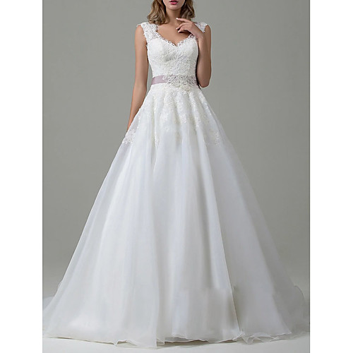 

A-Line Wedding Dresses V Neck Sweep / Brush Train Tulle Regular Straps Vintage Backless with Sashes / Ribbons Lace Insert 2021