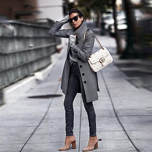 

Women's Daily Fall & Winter Long Coat, Solid Colored Turndown Long Sleeve Polyester Gray