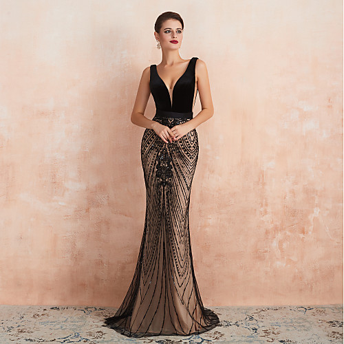 

Mermaid / Trumpet Luxurious Black Wedding Guest Formal Evening Dress V Neck Sleeveless Sweep / Brush Train Velvet with Beading 2020