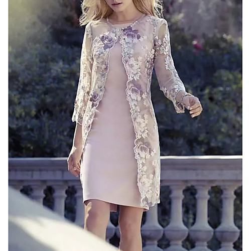 

Sheath / Column Mother of the Bride Dress Wrap Included Jewel Neck Knee Length Polyester 3/4 Length Sleeve with Pattern / Print 2020
