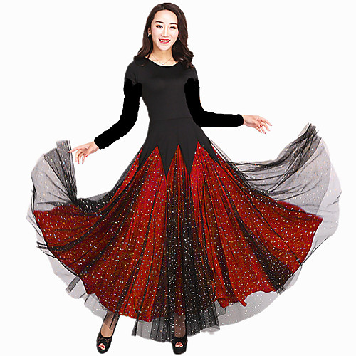 

Ballroom Dance Dress Scattered Crystals Style Lace Ruffles Women's Performance Long Sleeve Natural Milk Fiber