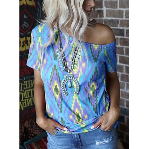 

Women's Geometric T-shirt Daily One Shoulder Blue / Purple / Blushing Pink / Orange