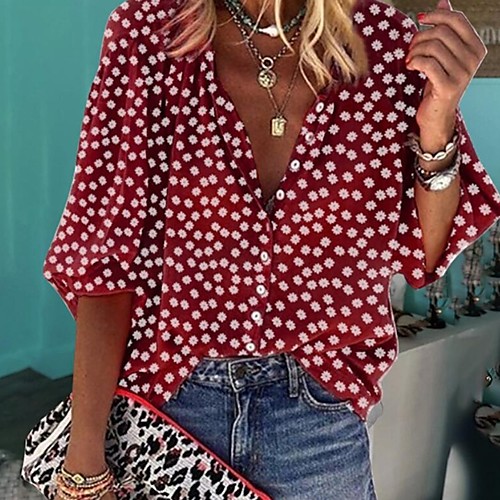 

Women's Blouse Shirt Floral Polka Dot Flower Long Sleeve Round Neck V Neck Tops Casual Basic Top White Black Yellow