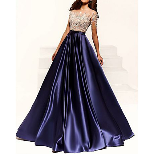 

A-Line Color Block Engagement Formal Evening Dress Illusion Neck Short Sleeve Floor Length Satin with Beading Appliques 2021