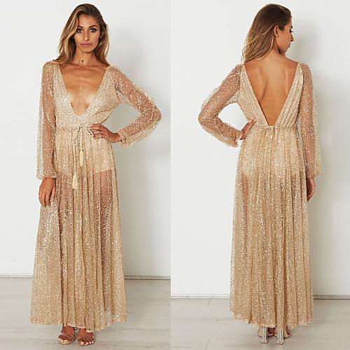 

Diva Disco 1980s Dress Women's Sequins Costume Golden Vintage Cosplay Prom Long Sleeve Floor Length A-Line