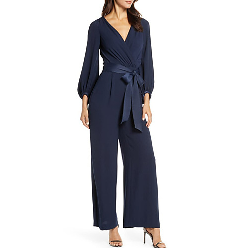 

Pantsuit / Jumpsuit Mother of the Bride Dress Jumpsuits V Neck Ankle Length Polyester Long Sleeve with Sash / Ribbon 2021