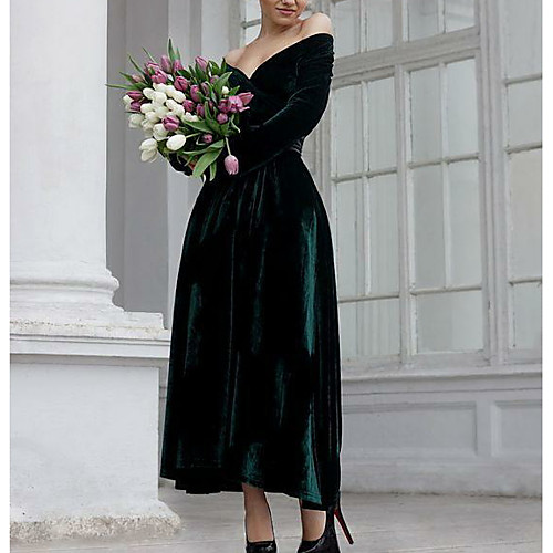

A-Line Elegant Prom Formal Evening Dress Off Shoulder Long Sleeve Ankle Length Velvet with 2021