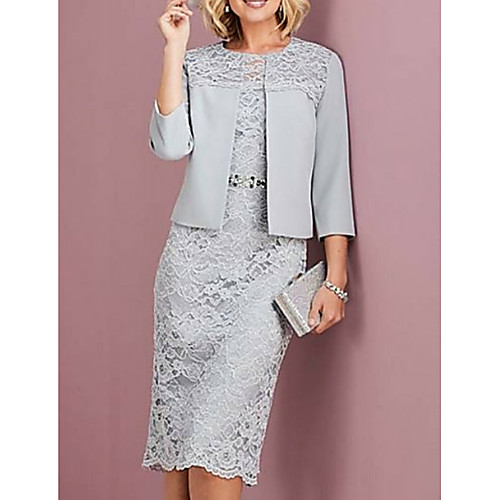 

Sheath / Column Mother of the Bride Dress Plus Size Elegant Jewel Neck Knee Length Lace 3/4 Length Sleeve with Sash / Ribbon 2021