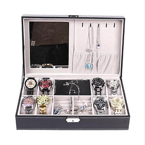 

Black Leather 8 Watch Box Jewelry Organizer Case with Jewelry Display