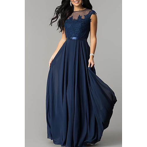 

A-Line Elegant Formal Evening Dress Jewel Neck Sleeveless Floor Length Chiffon with Pleats Lace Insert 2021