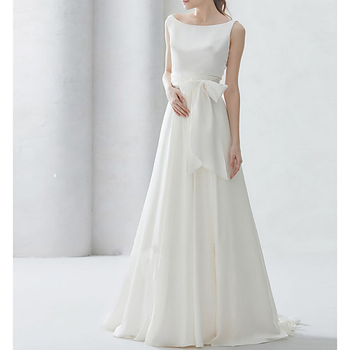

A-Line Wedding Dresses Bateau Neck Sweep / Brush Train Chiffon Regular Straps Simple Elegant with Bow(s) 2020
